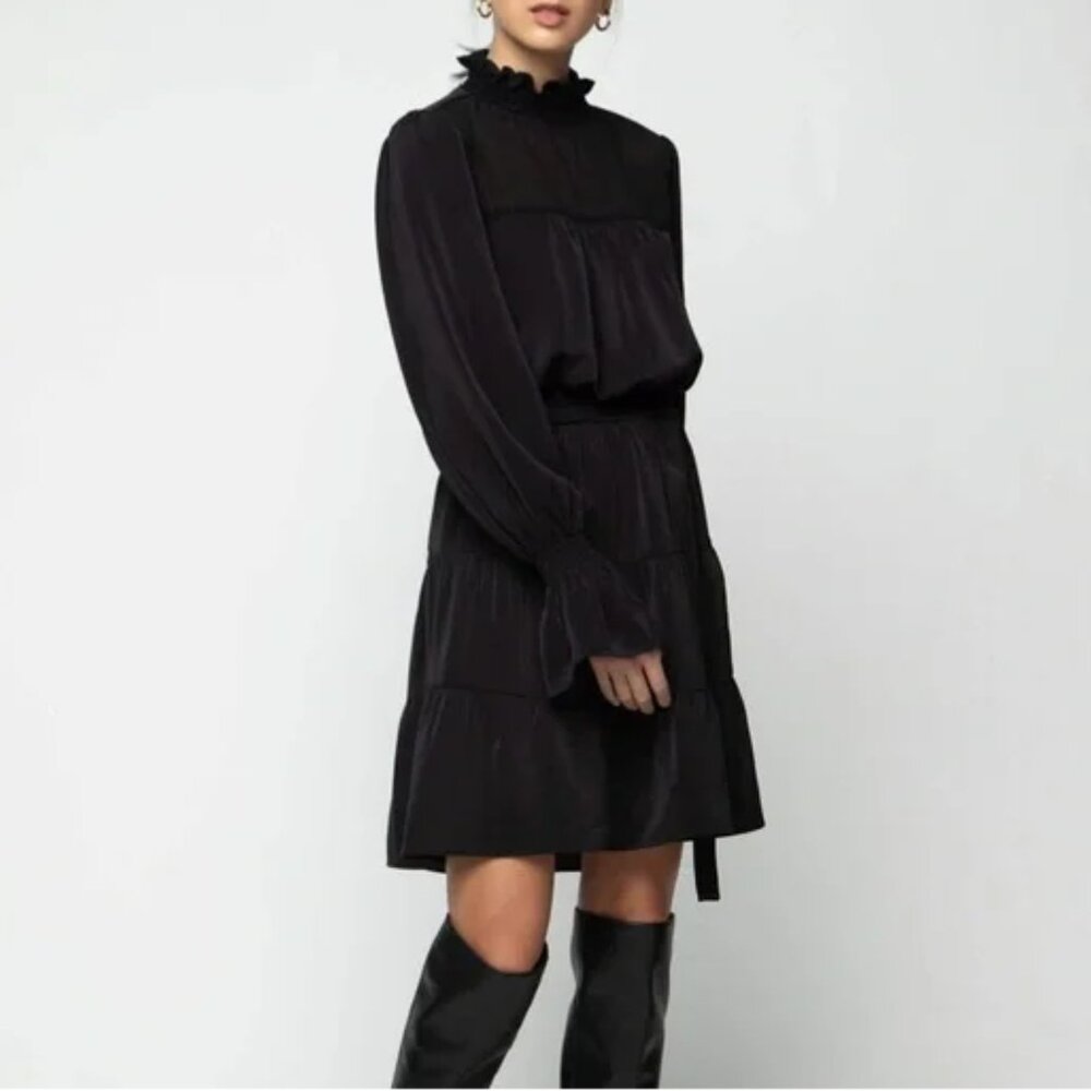 Oak + Fort Women's Long Sleeve High Neck Black Tiered Dress- Size XS- New!